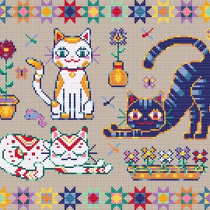 May include: A colorful cross-stitch design featuring three cats, a flower pot, and a vase of flowers. The cats are white with orange and black markings. The background is a beige fabric with a border of colorful patchwork squares.