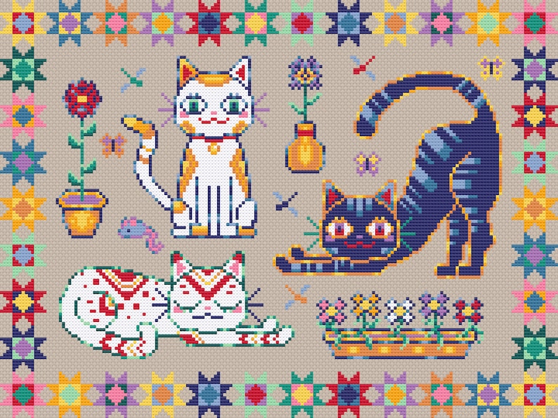 May include: A colorful cross-stitch design featuring three cats, a flower pot, and a vase of flowers. The cats are white with orange and black markings. The background is a beige fabric with a border of colorful patchwork squares.