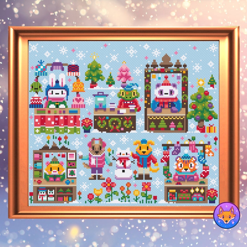 May include: A cross-stitch pattern featuring a winter village scene with animal characters. The scene includes a snowman, a Christmas tree, and a variety of shops with animal characters selling goods. The pattern is in a blue and white color scheme with red, green, and yellow accents.