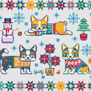 Peut inclure: Trois chats de dessin anim&eacute; portant des pulls et des &eacute;charpes d'hiver, un bonhomme de neige, un sapin de No&euml;l en pot et des flocons de neige sur un fond blanc avec une bordure color&eacute;e d'&eacute;toiles.