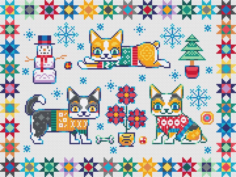 Peut inclure: Trois chats de dessin anim&eacute; portant des pulls et des &eacute;charpes d'hiver, un bonhomme de neige, un sapin de No&euml;l en pot et des flocons de neige sur un fond blanc avec une bordure color&eacute;e d'&eacute;toiles.