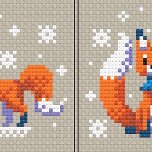 May include: Two cross-stitch patterns featuring a fox wearing a blue scarf and a white hat. The fox on the left is ice skating, while the fox on the right is sitting. Both patterns are set against a snowy background.