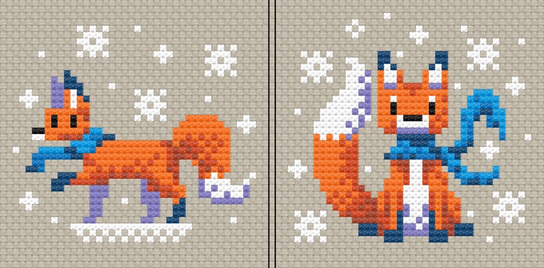 May include: Two cross-stitch patterns featuring a fox wearing a blue scarf and a white hat. The fox on the left is ice skating, while the fox on the right is sitting. Both patterns are set against a snowy background.