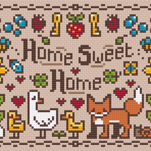 Pode incluir: Padr&atilde;o de ponto cruz com uma raposa, um ganso e pintinhos com o texto "Home Sweet Home" rodeado de flores, cora&ccedil;&otilde;es e outros elementos inspirados na natureza.