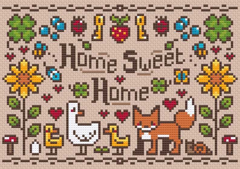 Pode incluir: Padr&atilde;o de ponto cruz com uma raposa, um ganso e pintinhos com o texto "Home Sweet Home" rodeado de flores, cora&ccedil;&otilde;es e outros elementos inspirados na natureza.