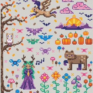 May include: A cross-stitch pattern featuring a variety of whimsical characters and objects, including a flying griffin, a bear, a fairy, an owl, bats, mushrooms, flowers, and pumpkins. The pattern is set against a light gray background.