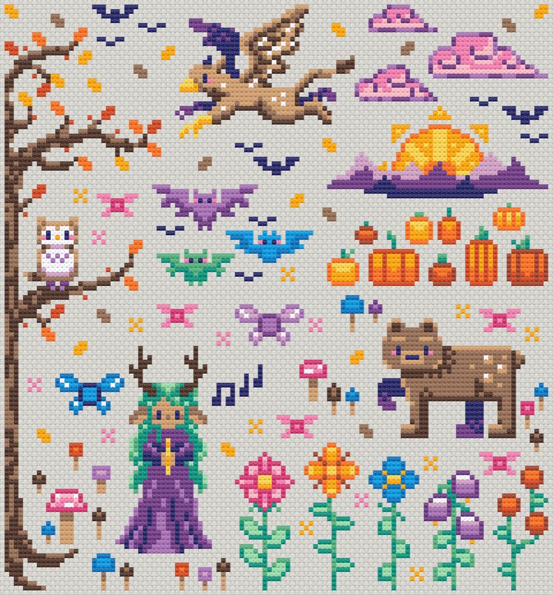 May include: A cross-stitch pattern featuring a variety of whimsical characters and objects, including a flying griffin, a bear, a fairy, an owl, bats, mushrooms, flowers, and pumpkins. The pattern is set against a light gray background.