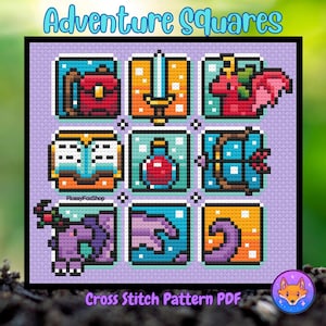 以下が含まれることがあります： 「Adventure Squares」というタイトルのクロスステッチパターン。バックパック、剣、リス、本、ポーション、弓矢、ドラゴン、手、魔法使いの帽子など、9つのピクセル化された冒険テーマのアイコンが含まれています。「Cross Stitch Pattern PDF」というテキストも含まれています。