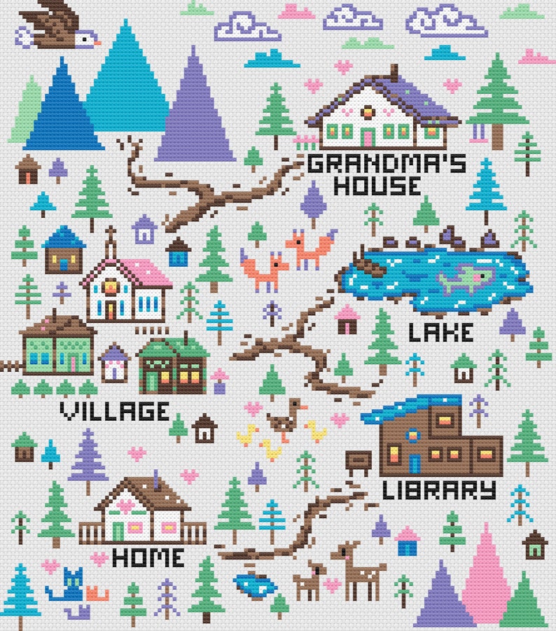 Puede incluir: Una ilustraci&oacute;n de arte de p&iacute;xeles colorida de un pueblo con un lago, una biblioteca, una casa y la casa de la abuela. La ilustraci&oacute;n presenta una variedad de animales, incluidos p&aacute;jaros, zorros y ciervos. El texto "Grandma's House", "Lake", "Library", "Village" y "Home" est&aacute; incluido en la ilustraci&oacute;n.