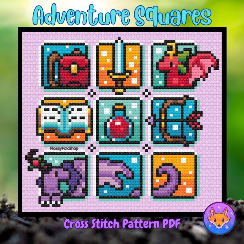 以下が含まれることがあります： 「Adventure Squares」というタイトルのクロスステッチパターン。リュックサック、剣、ポーションなど、冒険をテーマにしたアイコンが描かれた9つのピクセル化された正方形があります。「Cross Stitch Pattern PDF」というテキストが下にあり、キツネのロゴがあります。