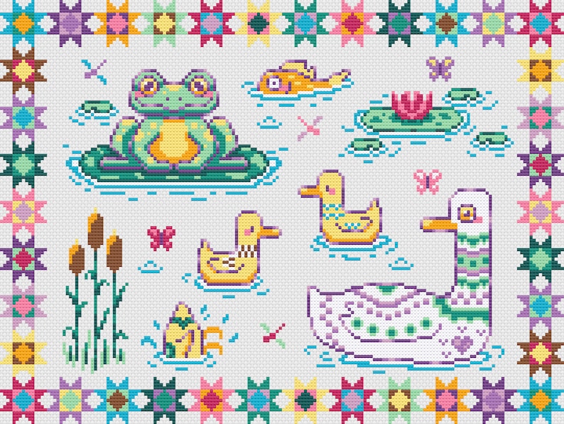 May include: A cross-stitch pattern featuring a green frog sitting on a lily pad, a white duck with purple and green stripes, a yellow duck, a pink flower, and a yellow fish. The pattern is surrounded by a colorful border of stars.
