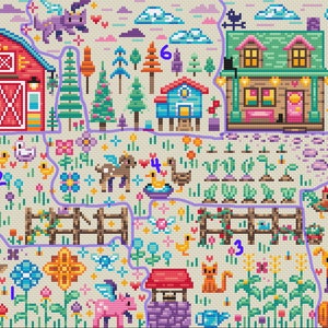 May include: A colorful cross-stitch pattern depicting a whimsical farm scene with a red barn, a blue house, a well, a fence, and various animals including a sheep, a deer, a goose, a cat, a dog, and a unicorn.