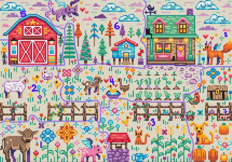 May include: A colorful cross-stitch pattern depicting a whimsical farm scene with a red barn, a blue house, a well, a fence, and various animals including a sheep, a deer, a goose, a cat, a dog, and a unicorn.