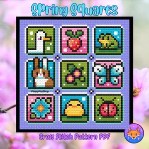 May include: A cross stitch pattern featuring nine spring-themed squares. Each square depicts a different spring animal or plant, including a duck, a strawberry, a frog, a bunny, a butterfly, a ladybug, a chick, and flowers. The pattern is titled "Spring Squares" and includes the text "Cross Stitch Pattern PDF".