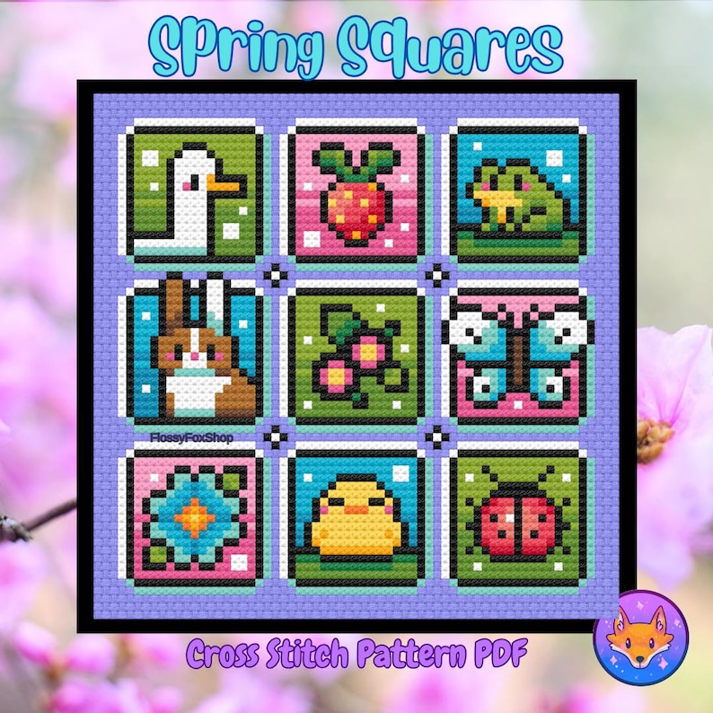 May include: A cross stitch pattern featuring nine spring-themed squares. Each square depicts a different spring animal or plant, including a duck, a strawberry, a frog, a bunny, a butterfly, a ladybug, a chick, and flowers. The pattern is titled "Spring Squares" and includes the text "Cross Stitch Pattern PDF".