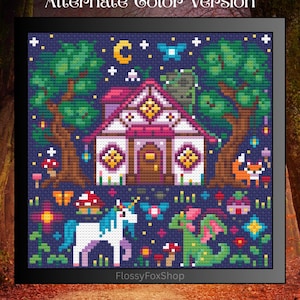 May include: Cross-stitch design depicting a fantasy cottage scene with a unicorn, dragon, and fox. The image includes a house with a pink roof, trees, and a night sky with a crescent moon. The text "Alternate Color Version" is at the top.