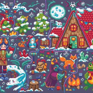 May include: A whimsical pixel art illustration of a winter wonderland scene with a cozy cabin, a dragon, a fox, a frog, and other magical creatures. The scene is filled with details like snowflakes, trees, and a full moon.