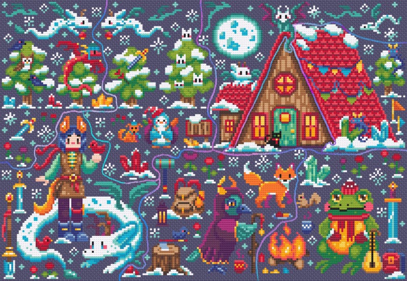 May include: A whimsical pixel art illustration of a winter wonderland scene with a cozy cabin, a dragon, a fox, a frog, and other magical creatures. The scene is filled with details like snowflakes, trees, and a full moon.