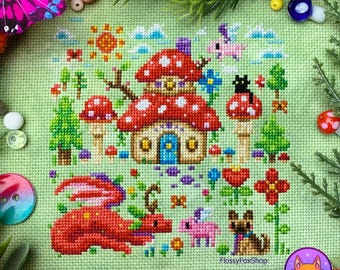 Mushroom Cottage - Cozy Modern Fantasy Cross Stitch Pattern PDF