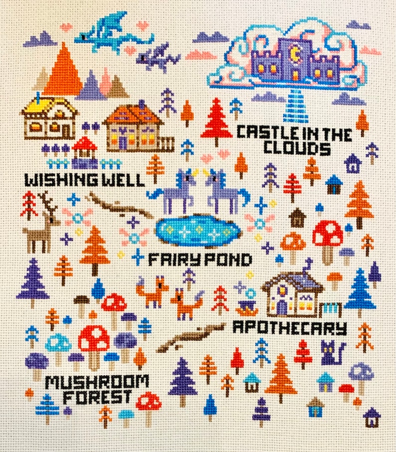 May include: Cross-stitch design featuring a whimsical fantasy landscape. Includes a castle in the clouds, fairy pond, mushroom forest, and apothecary. The design incorporates various trees, mushrooms, foxes, and a deer, all rendered in colorful cross-stitch.
