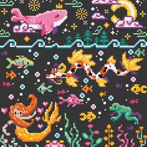 May include: A whimsical cross-stitch pattern featuring a pink whale with a crown, a mermaid with orange hair and a yellow tail, a green frog, and a koi fish with orange, white, and black scales. The pattern is set against a black background with white stars and clouds.