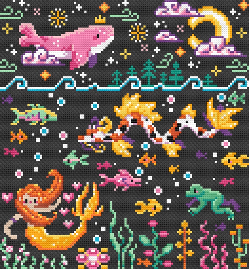 May include: A whimsical cross-stitch pattern featuring a pink whale with a crown, a mermaid with orange hair and a yellow tail, a green frog, and a koi fish with orange, white, and black scales. The pattern is set against a black background with white stars and clouds.