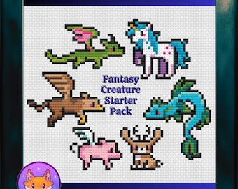 May include: Cross stitch pattern featuring six fantasy creatures: a green dragon, a brown griffin, a blue sea serpent, a pink pig with wings, a brown deer with antlers, and a white unicorn with a blue mane and tail. The text "Fantasy Creature Starter Pack" is in the center of the image.