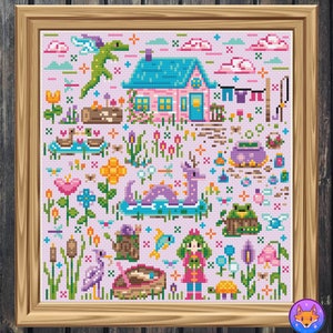 May include: A cross-stitch pattern featuring a whimsical cottage with a purple dragon, a green frog, a pink bird, and other magical creatures. The pattern is set against a light purple background with flowers and other details.