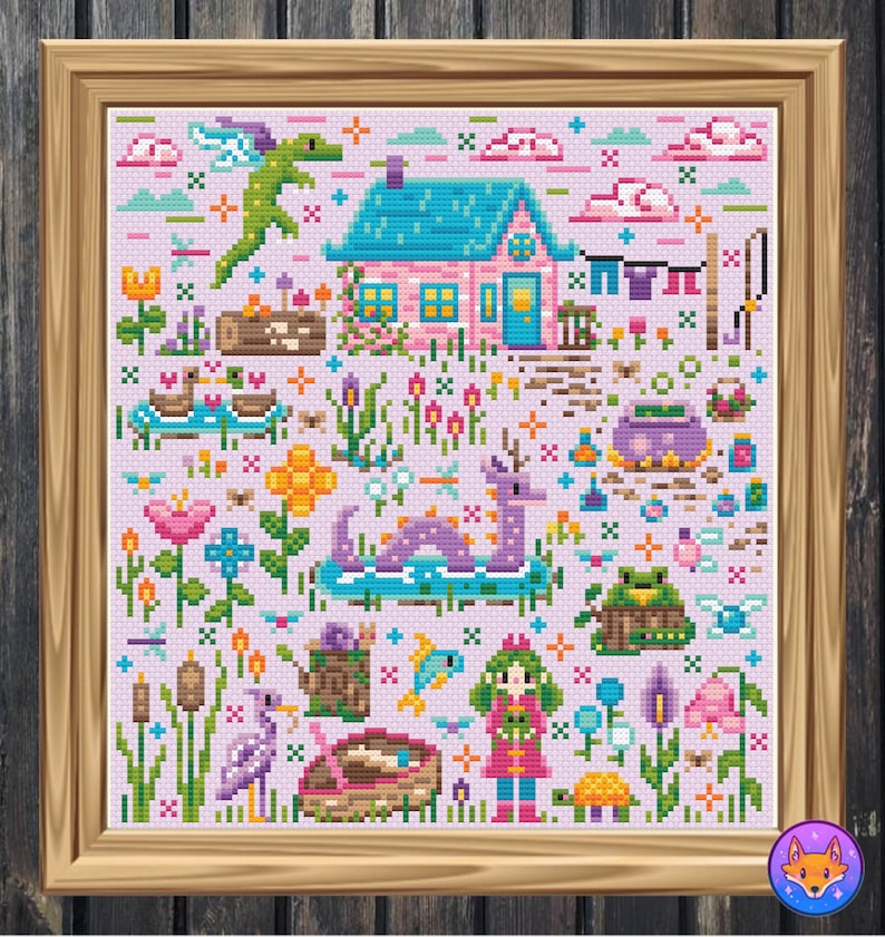May include: A cross-stitch pattern featuring a whimsical cottage with a purple dragon, a green frog, a pink bird, and other magical creatures. The pattern is set against a light purple background with flowers and other details.