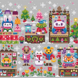 May include: A colorful illustration of a winter holiday market with various animal characters selling goods. There are stalls with gifts, ornaments, and other festive items. The illustration is in a pixelated style, reminiscent of cross-stitch.