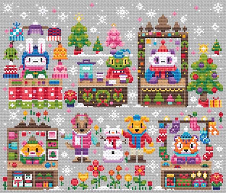 May include: A colorful illustration of a winter holiday market with various animal characters selling goods. There are stalls with gifts, ornaments, and other festive items. The illustration is in a pixelated style, reminiscent of cross-stitch.