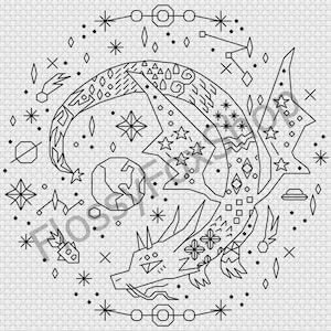 Peut inclure: Un motif de point de croix en noir et blanc d'un dragon volant dans l'espace. Le dragon est entour&eacute; d'&eacute;toiles, de plan&egrave;tes et d'autres objets c&eacute;lestes.