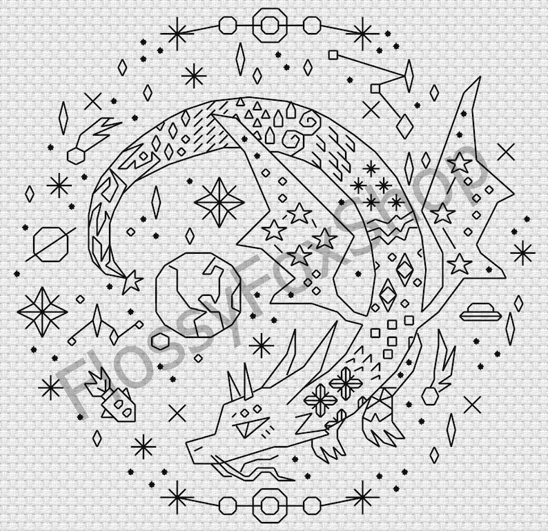Peut inclure: Un motif de point de croix en noir et blanc d'un dragon volant dans l'espace. Le dragon est entour&eacute; d'&eacute;toiles, de plan&egrave;tes et d'autres objets c&eacute;lestes.