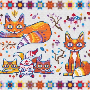 Puede incluir: Una ilustraci&oacute;n digital de cuatro zorros naranja y blancos con hojas de oto&ntilde;o y setas sobre un fondo blanco. Los zorros est&aacute;n en varias poses, incluyendo sentados, tumbados y de pie. La ilustraci&oacute;n est&aacute; rodeada por un borde colorido de estrellas.