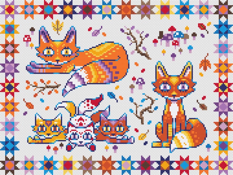 Puede incluir: Una ilustraci&oacute;n digital de cuatro zorros naranja y blancos con hojas de oto&ntilde;o y setas sobre un fondo blanco. Los zorros est&aacute;n en varias poses, incluyendo sentados, tumbados y de pie. La ilustraci&oacute;n est&aacute; rodeada por un borde colorido de estrellas.