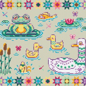 May include: A cross-stitch pattern featuring a green frog sitting on a lily pad, three yellow ducks, a white duck with green and purple stripes, a pink flower, and a yellow fish. The pattern is surrounded by a colorful border of stars.