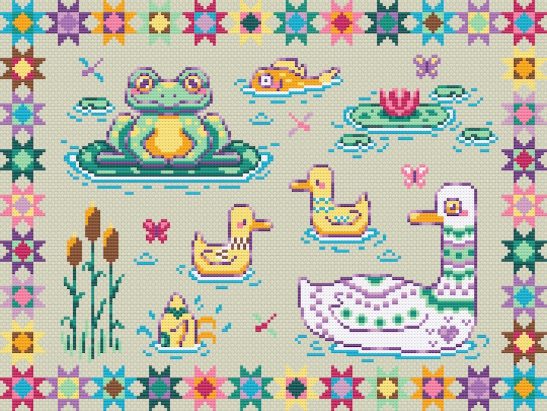 May include: A cross-stitch pattern featuring a green frog sitting on a lily pad, three yellow ducks, a white duck with green and purple stripes, a pink flower, and a yellow fish. The pattern is surrounded by a colorful border of stars.