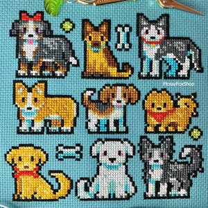 May include: Cross stitch pattern featuring a variety of adorable dogs, including a Bernese Mountain Dog, a Corgi, a Beagle, a Golden Retriever, a Husky, and a German Shepherd. The pattern is on a light blue background with a bone and a paw print.