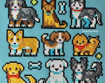 May include: Cross stitch pattern featuring a variety of adorable dogs, including a Bernese Mountain Dog, a Corgi, a Beagle, a Golden Retriever, a Husky, and a German Shepherd. The pattern is on a light blue background with a bone and a paw print.