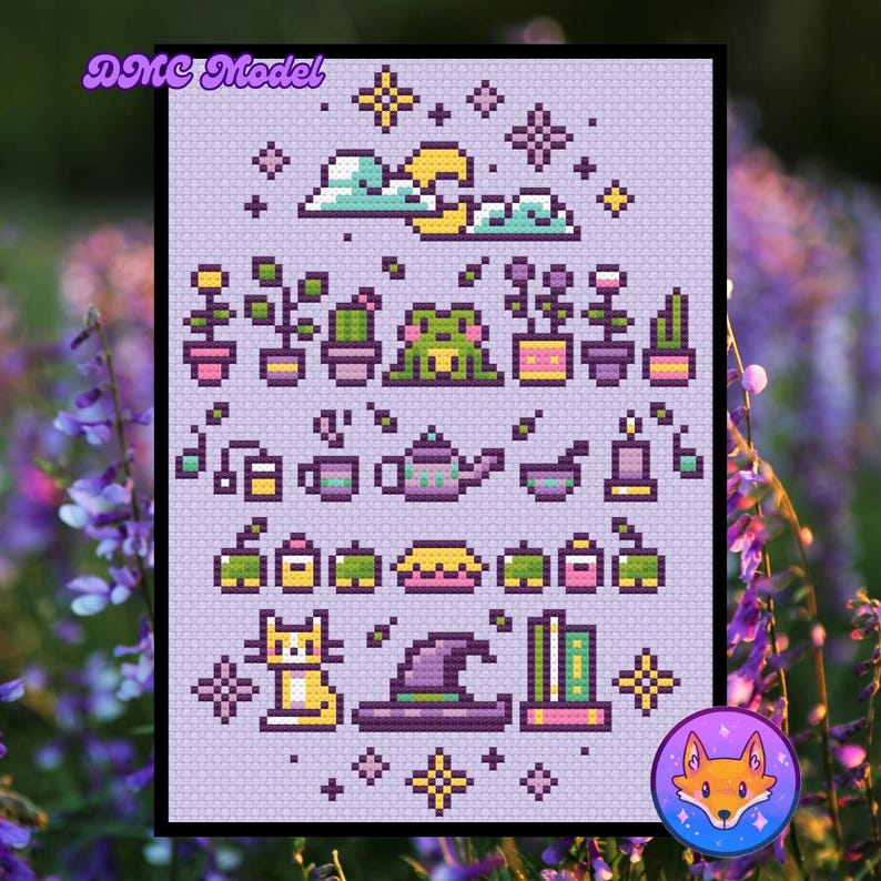 K&ouml;nnte beinhalten: Ein Kreuzstichmuster mit einer fantasievollen Szene mit einem Frosch, Pflanzen, Teetassen, einem Hexenhut und Sternen auf einem violetten Hintergrund.