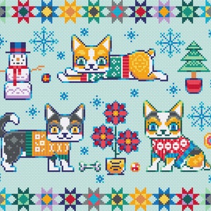 Peut inclure: Un motif de point de croix sur le th&egrave;me de l'hiver avec trois chats portant des pulls et un bonhomme de neige. Les chats sont dans diff&eacute;rentes poses et l'arri&egrave;re-plan est bleu clair avec des flocons de neige et un sapin de No&euml;l.