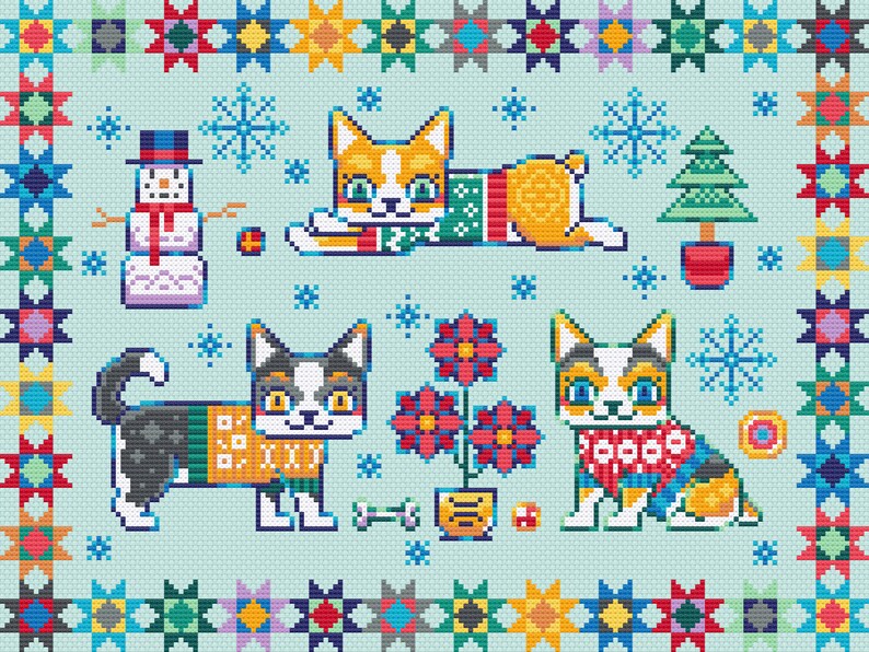 Peut inclure: Un motif de point de croix sur le th&egrave;me de l'hiver avec trois chats portant des pulls et un bonhomme de neige. Les chats sont dans diff&eacute;rentes poses et l'arri&egrave;re-plan est bleu clair avec des flocons de neige et un sapin de No&euml;l.