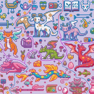 May include: A colorful pixel art illustration featuring various mythical creatures, including dragons, unicorns, and other fantastical beings. The artwork is set against a light purple background and includes a variety of other objects, such as flowers, mushrooms, and stars.