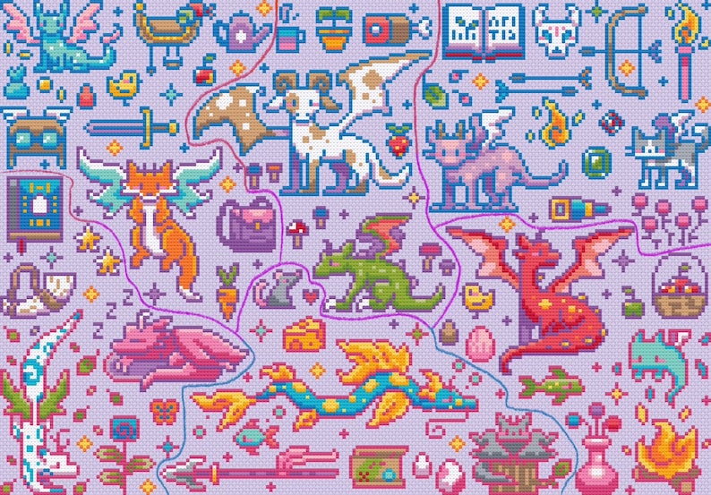 May include: A colorful pixel art illustration featuring various mythical creatures, including dragons, unicorns, and other fantastical beings. The artwork is set against a light purple background and includes a variety of other objects, such as flowers, mushrooms, and stars.