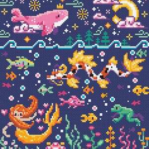 May include: A pixel art illustration of a mermaid with orange hair and a yellow tail, a pink fish, a green frog, and a koi fish swimming in a blue ocean with white bubbles. The ocean is under a night sky with a pink whale with a crown, stars, and clouds.