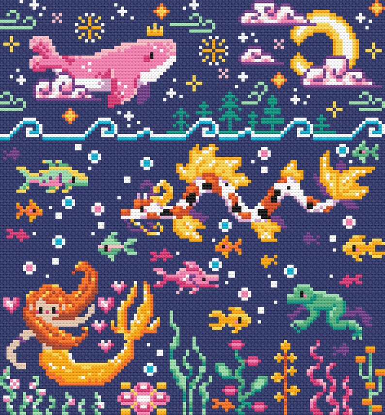 May include: A pixel art illustration of a mermaid with orange hair and a yellow tail, a pink fish, a green frog, and a koi fish swimming in a blue ocean with white bubbles. The ocean is under a night sky with a pink whale with a crown, stars, and clouds.