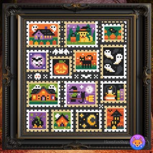May include: A cross stitch pattern titled Halloween Postage Stamp Sampler featuring a grid of twelve individual postage stamp designs. Each stamp displays colourful Halloween motifs including ghosts, pumpkins, a black cat, a witch, and houses.
