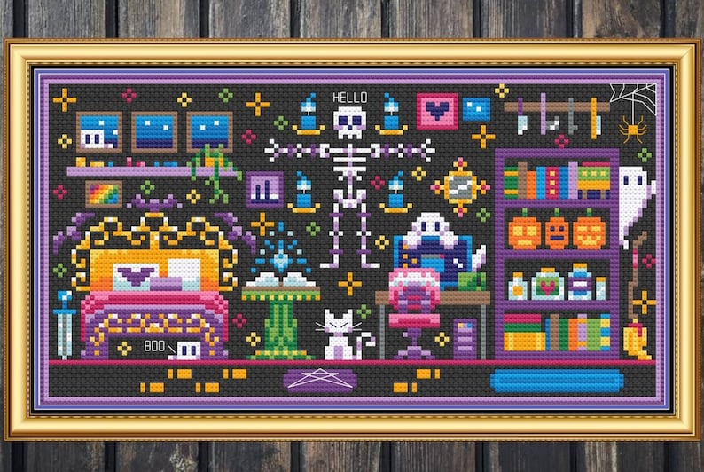 Cozy Necromancer's Room - Cozy Witch Scene Halloween - Cross Stitch Pattern PDF image 2