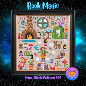K&ouml;nnte beinhalten: Ein PDF-Muster f&uuml;r Kreuzstich f&uuml;r ein farbenfrohes Design mit dem Titel "Book Magic". Das Design zeigt ein gem&uuml;tliches Wohnzimmer mit einem Kamin, B&uuml;chern, einer Katze, einem Hund und einem M&auml;dchen in einem gr&uuml;nen Kleid.