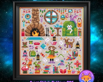 May include: A cross stitch pattern PDF for a colorful design titled "Book Magic". The design features a cozy living room with a fireplace, books, a cat, a dog, and a girl in a green dress.